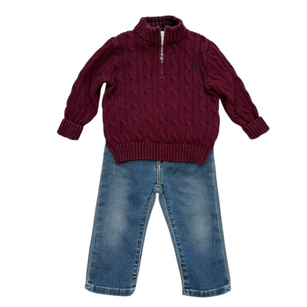 Ralph Lauren Burgundy Cable Knit Sweater with Blue Jeans